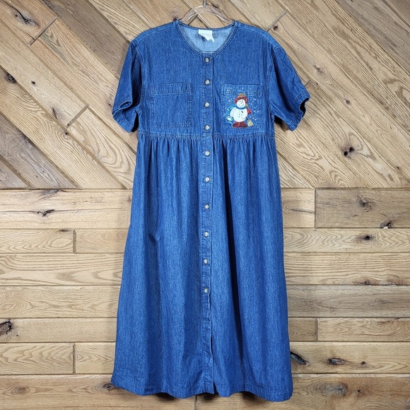 Moda International Dresses & Skirts - Moda International Denim Vintage Dress Womens Size 10 Blue Snowman Christmas USA